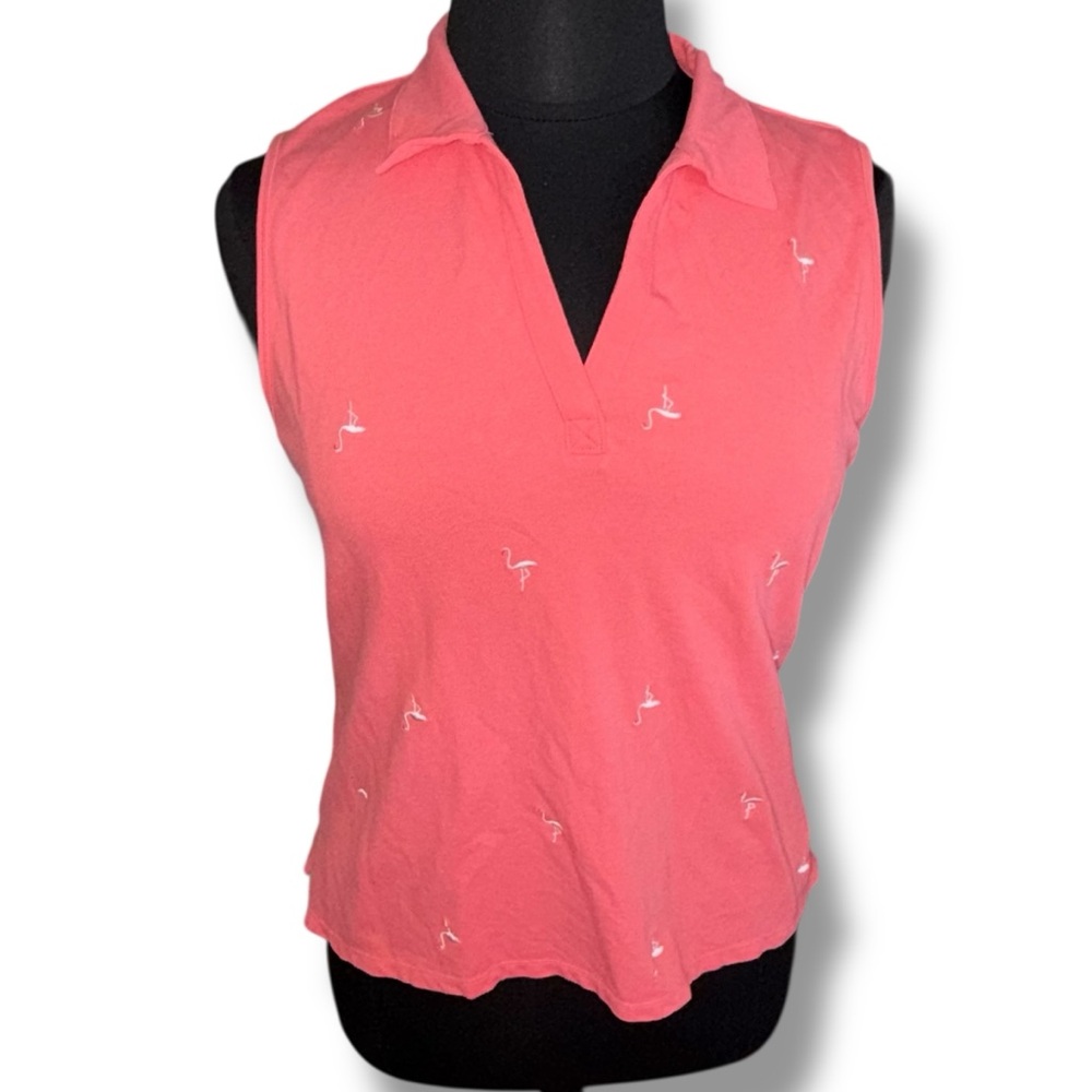TALBOTS UPF 50+ Piqué Sleeveless Polo - Embroidered Flamingo Lovely Coral XLp - Picture 2 of 9